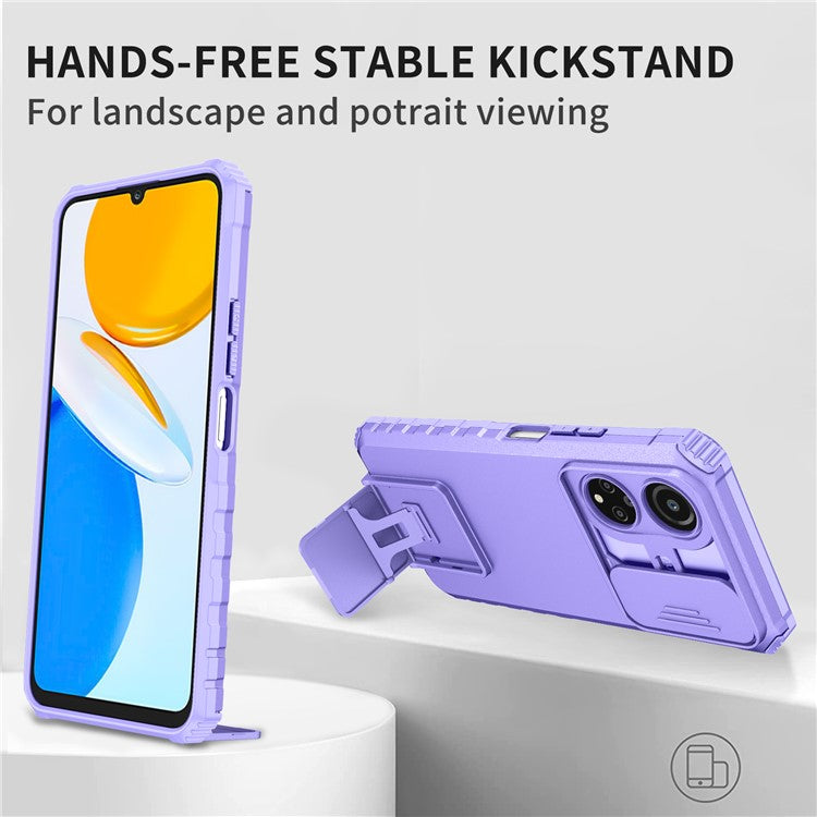 For Honor X7 Slide Camera Lid PC+TPU Cover Anti-drop Kickstand Phone Case - Purple