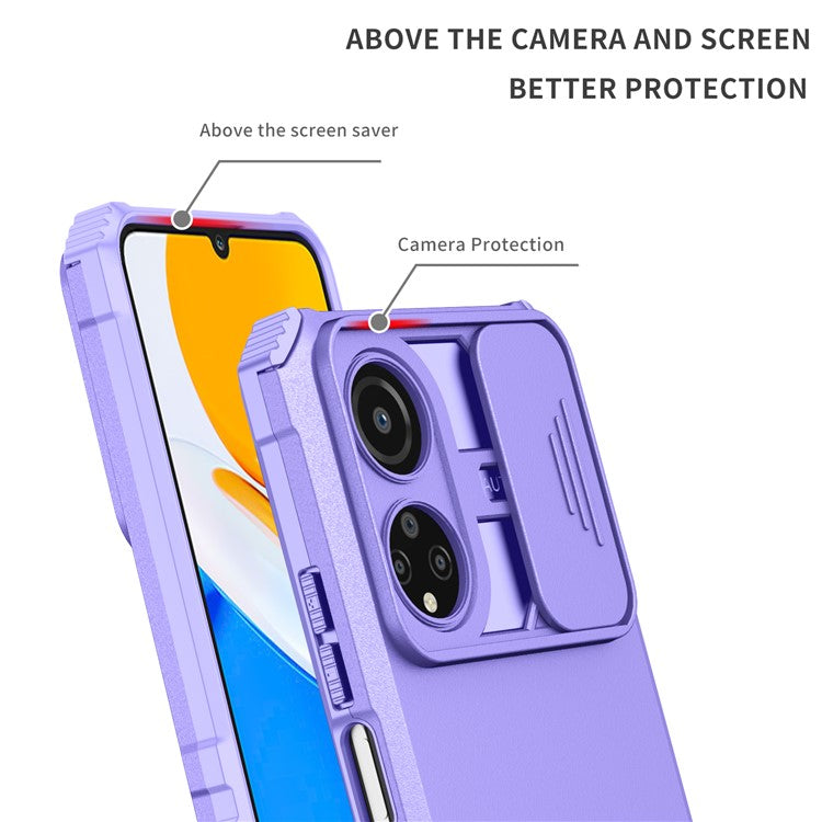 For Honor X7 Slide Camera Lid PC+TPU Cover Anti-drop Kickstand Phone Case - Purple