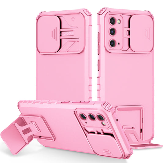 For Samsung Galaxy S20 FE 4G / FE 5G / Lite / FE 2022 Slide Camera Lid Back Cover Kickstand PC+TPU Phone Case - Pink