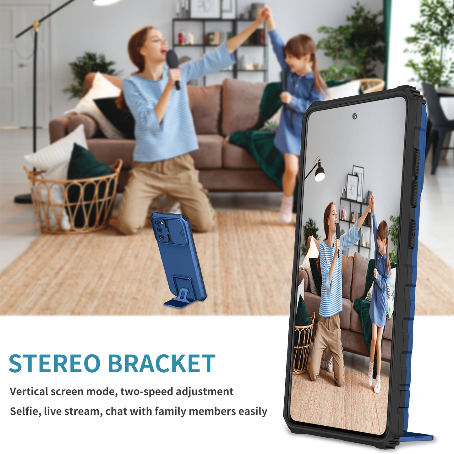 For Samsung Galaxy S20 FE 4G / FE 5G / Lite / FE 2022 Slide Camera Lid Back Cover Kickstand PC+TPU Phone Case - Blue