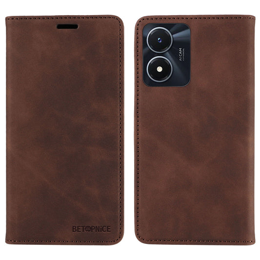 BETOPNICE 003 For vivo Y02s 4G / Y16 4G / Y35 5G / Y56 5G Phone Cover RFID Blocking Wallet Leather Stand Wallet Case - Brown
