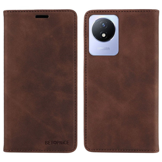 BETOPNICE 003 Leather Phone Case for vivo Y02 4G / Y11 (2023) / Y02A 4G , RFID Blocking Wallet Stand Cover - Brown