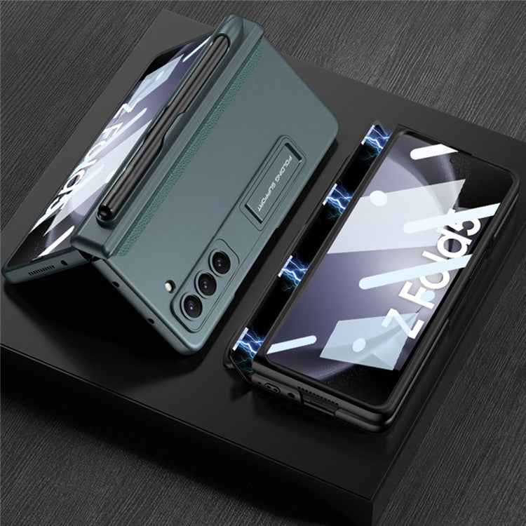 GKK For Samsung Galaxy Z Fold5 5G Pen Slot PC Phone Case Kickstand Magnetic Cover with Tempered Glass Screen Film - Wine Red