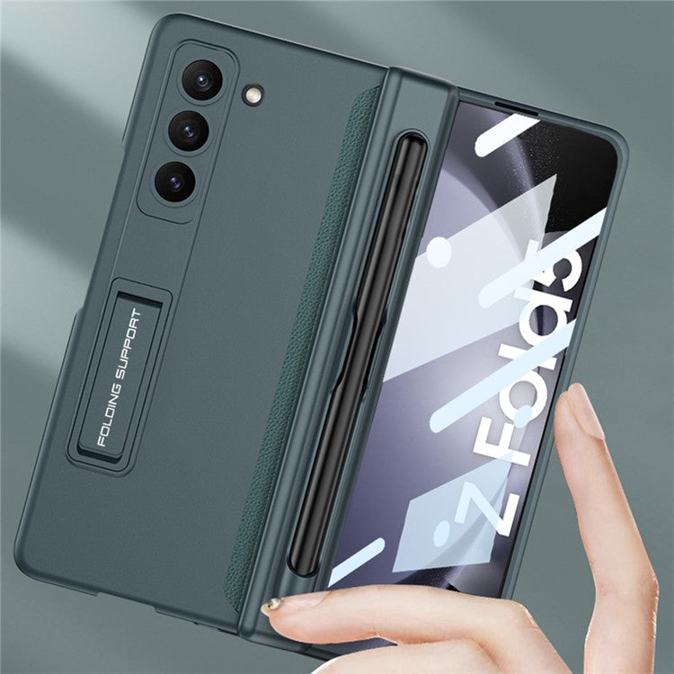 GKK For Samsung Galaxy Z Fold5 5G Pen Slot PC Phone Case Kickstand Magnetic Cover with Tempered Glass Screen Film - Wine Red