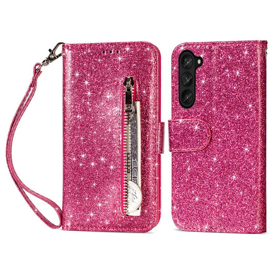 For Samsung Galaxy Z Fold5 5G PC+PU Leather Phone Stand Case Zippered Wallet Glittery Phone Cover - Rose