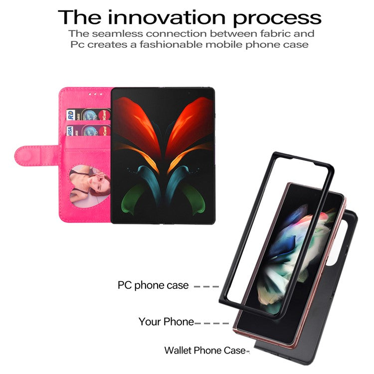For Samsung Galaxy Z Fold5 5G PC+PU Leather Phone Stand Case Zippered Wallet Glittery Phone Cover - Rose