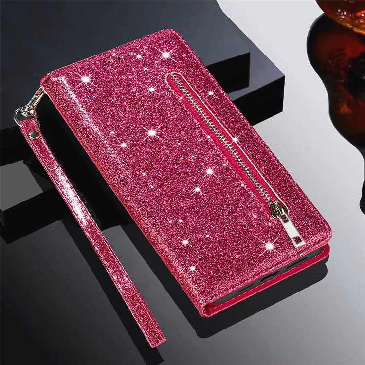 For Samsung Galaxy Z Fold5 5G PC+PU Leather Phone Stand Case Zippered Wallet Glittery Phone Cover - Rose