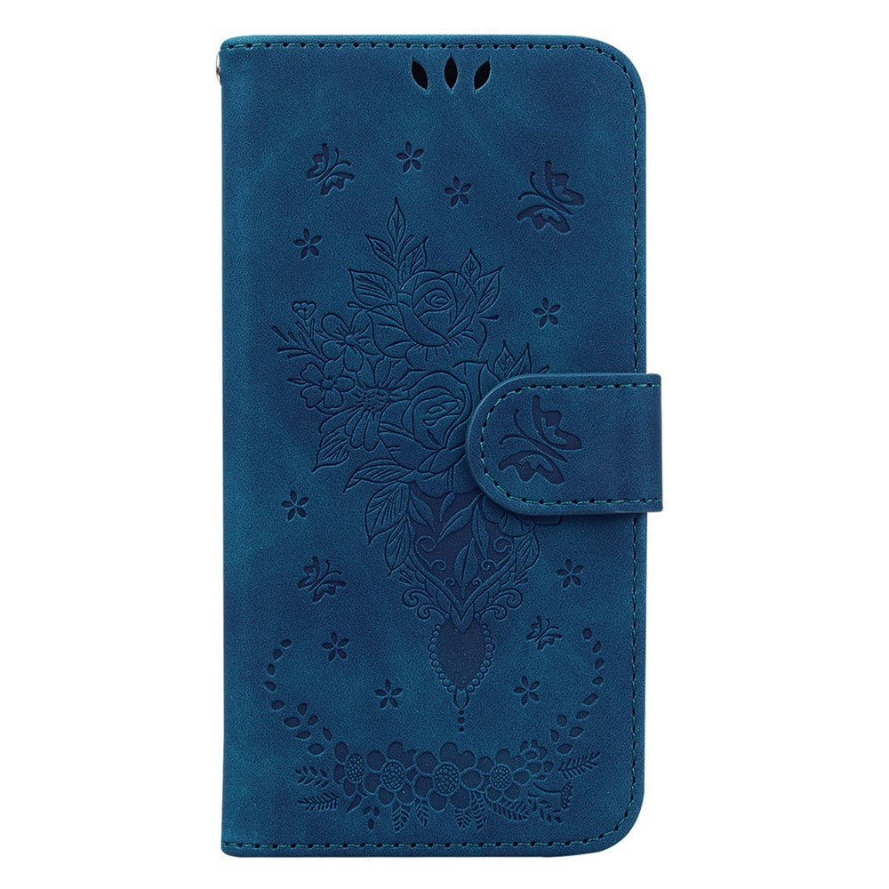 For Samsung Galaxy M54 5G / F54 5G Leather Wallet Stand Phone Case Imprinted Rose Butterfly Shell - Blue