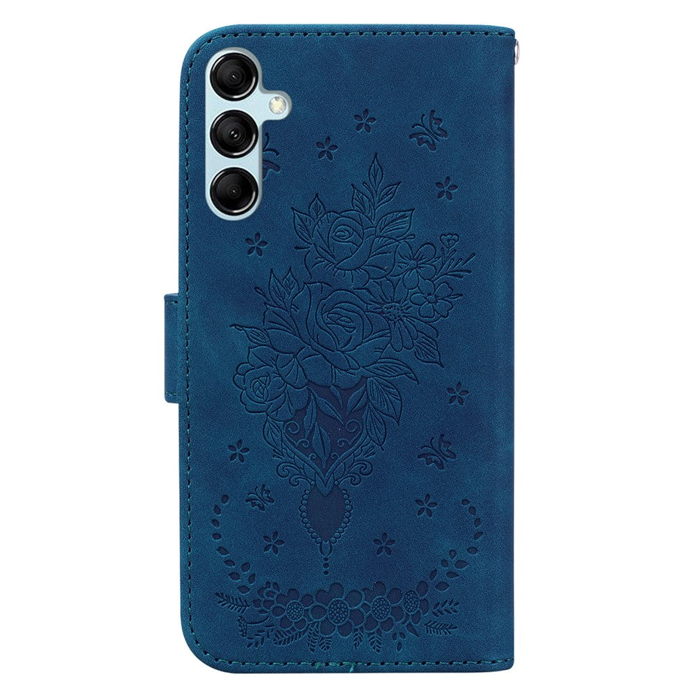 For Samsung Galaxy M54 5G / F54 5G Leather Wallet Stand Phone Case Imprinted Rose Butterfly Shell - Blue