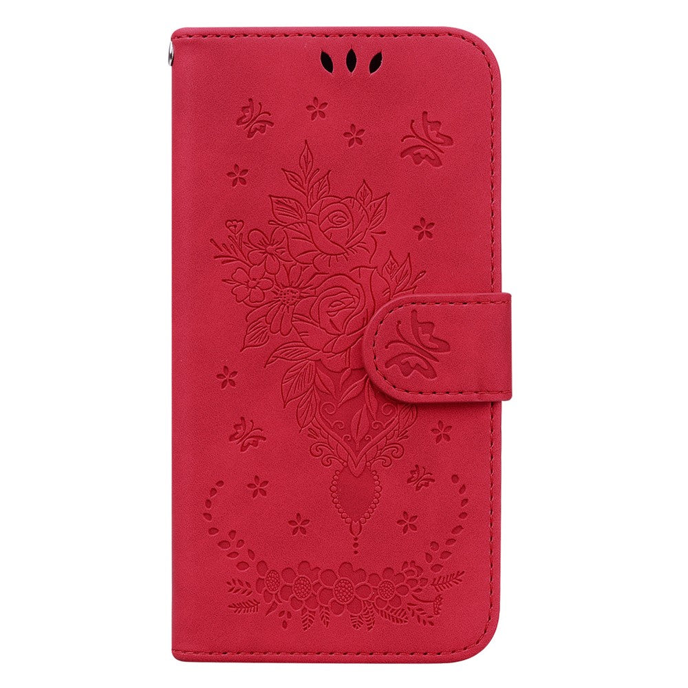 For Samsung Galaxy M54 5G / F54 5G Leather Wallet Stand Phone Case Imprinted Rose Butterfly Shell - Red