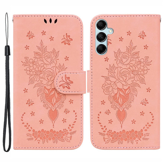 For Samsung Galaxy M54 5G / F54 5G Leather Wallet Stand Phone Case Imprinted Rose Butterfly Shell - Pink