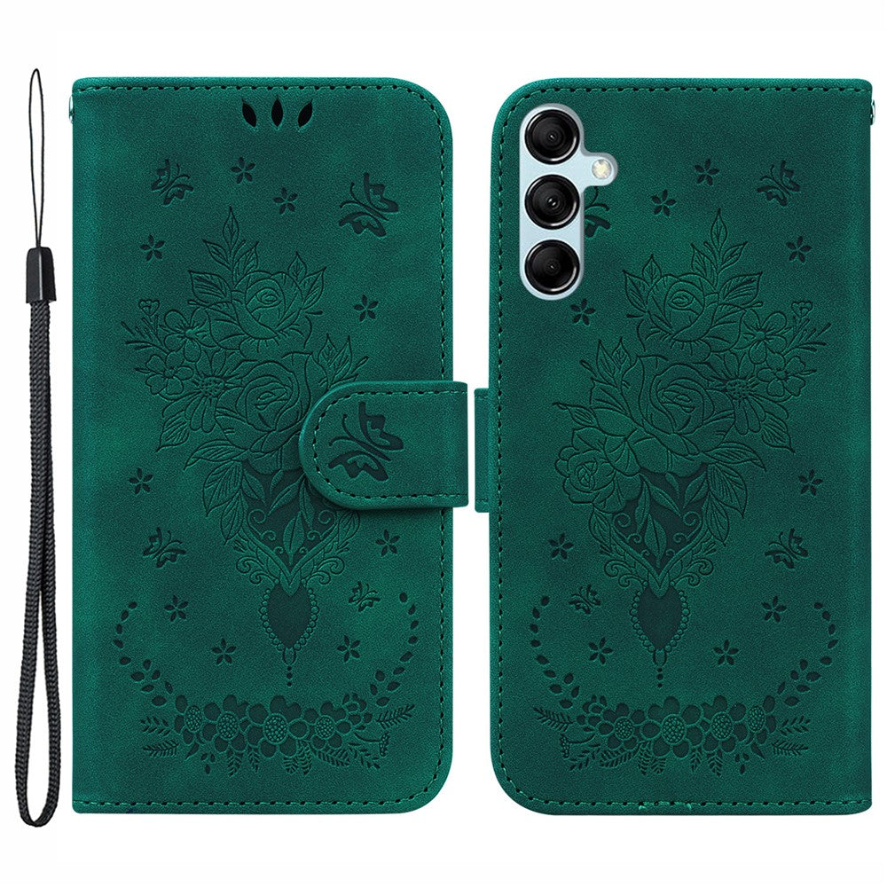 For Samsung Galaxy M54 5G / F54 5G Leather Wallet Stand Phone Case Imprinted Rose Butterfly Shell - Green