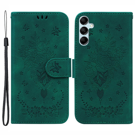 For Samsung Galaxy M54 5G / F54 5G Leather Wallet Stand Phone Case Imprinted Rose Butterfly Shell - Green