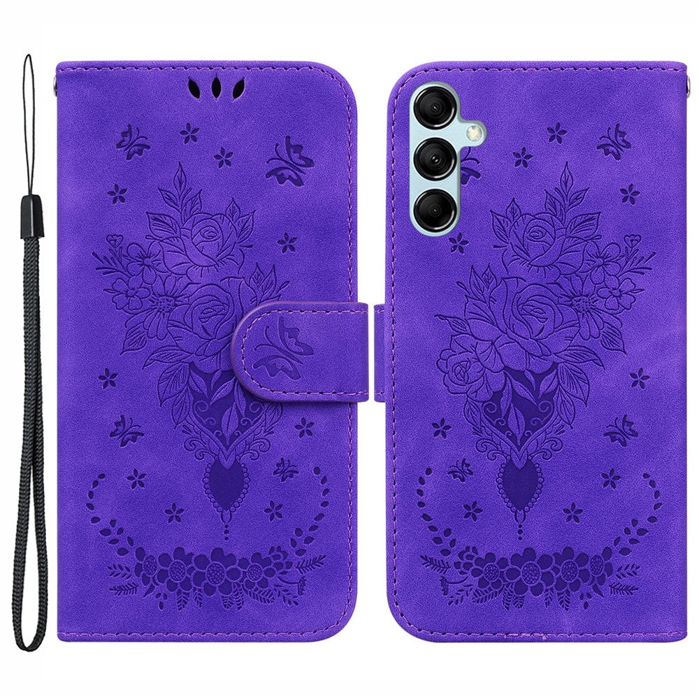 For Samsung Galaxy M54 5G / F54 5G Leather Wallet Stand Phone Case Imprinted Rose Butterfly Shell - Purple