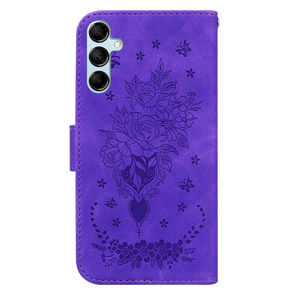 For Samsung Galaxy M54 5G / F54 5G Leather Wallet Stand Phone Case Imprinted Rose Butterfly Shell - Purple