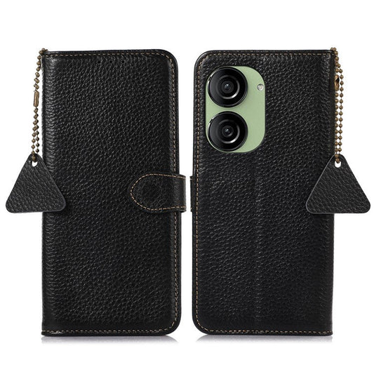 For Asus Zenfone 10 5G / 9 5G Genuine Cow Leather Cover RFID Blocking Wallet Stand Phone Case - Black