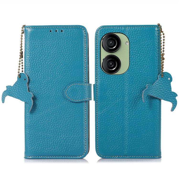 For Asus Zenfone 10 5G / 9 5G Genuine Cow Leather Cover RFID Blocking Wallet Stand Phone Case - Blue