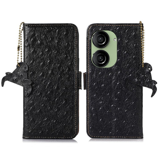 For Asus Zenfone 10 5G / 9 5G Genuine Cowhide Leather Phone Cover RFID Blocking Wallet Stand Case - Black