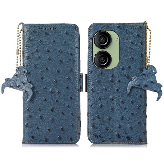 For Asus Zenfone 10 5G / 9 5G Ostrich Texture Genuine Cowhide Leather Phone Cover RFID Blocking Wallet Stand Case - Blue