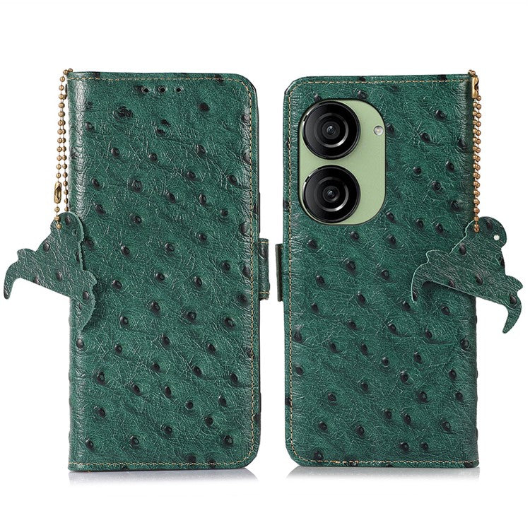 For Asus Zenfone 10 5G / 9 5G Ostrich Texture Genuine Cowhide Leather Phone Cover RFID Blocking Wallet Stand Case - Green