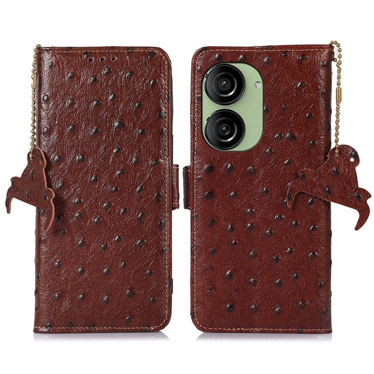 For Asus Zenfone 10 5G / 9 5G Ostrich Texture Genuine Cowhide Leather Phone Cover RFID Blocking Wallet Stand Case - Coffee