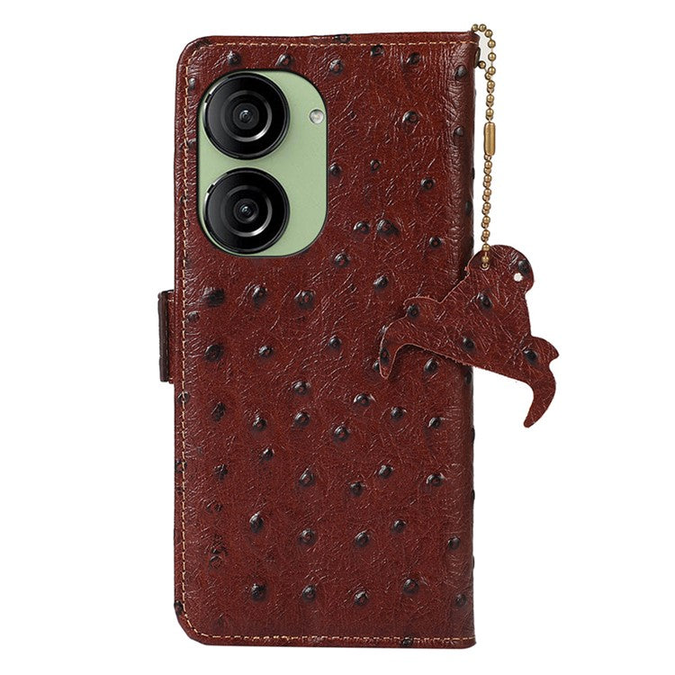 For Asus Zenfone 10 5G / 9 5G Ostrich Texture Genuine Cowhide Leather Phone Cover RFID Blocking Wallet Stand Case - Coffee