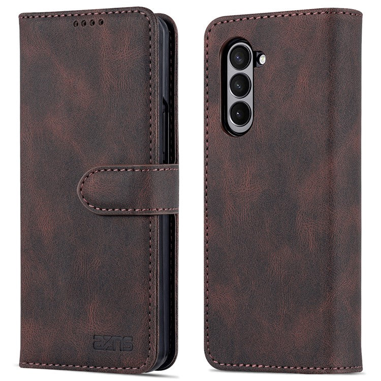 AZNS For Samsung Galaxy Z Fold5 5G PU Leather Wallet Phone Case Kickstand Shockproof Cover - Brown