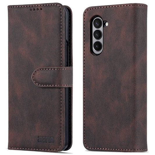 AZNS For Samsung Galaxy Z Fold5 5G PU Leather Wallet Phone Case Kickstand Shockproof Cover - Brown