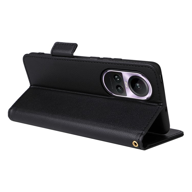 Shockproof Wallet Phone Case for Oppo Reno10 5G CPH2531 (Global) / Reno10 Pro 5G CPH2525 (Global) Litchi Texture PU Leather Flip Stand Cover with Strap - Black