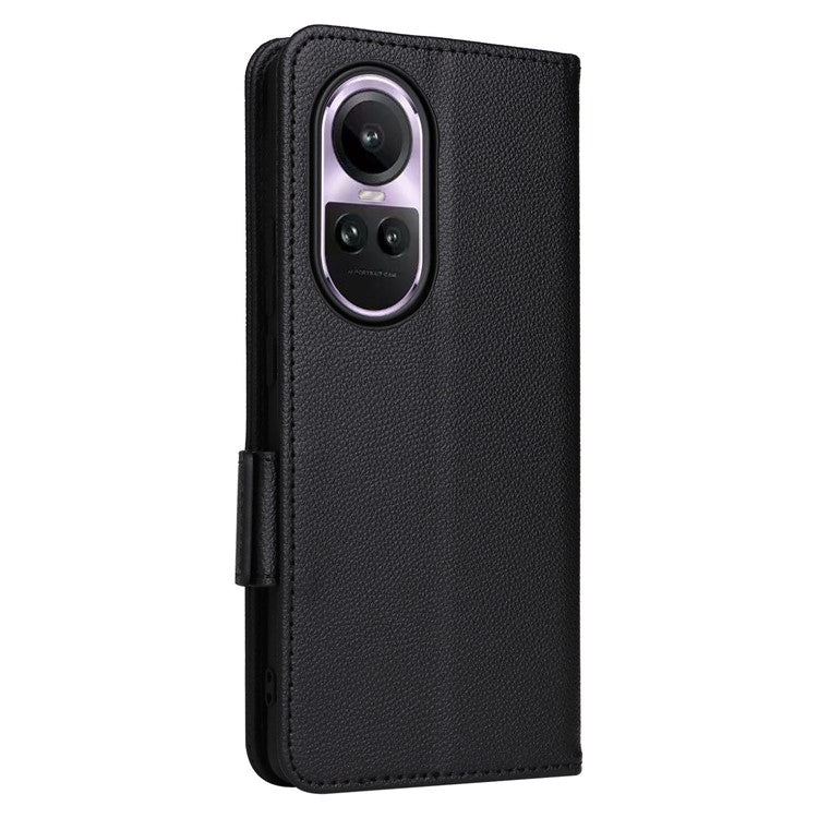 Shockproof Wallet Phone Case for Oppo Reno10 5G CPH2531 (Global) / Reno10 Pro 5G CPH2525 (Global) Litchi Texture PU Leather Flip Stand Cover with Strap - Black