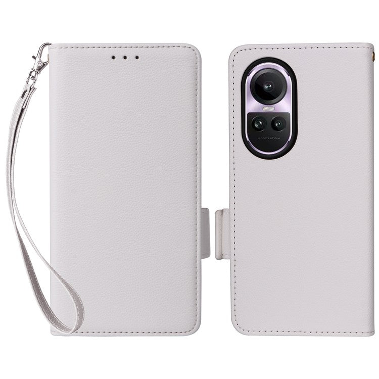 Shockproof Wallet Phone Case for Oppo Reno10 5G CPH2531 (Global) / Reno10 Pro 5G CPH2525 (Global) Litchi Texture PU Leather Flip Stand Cover with Strap - White