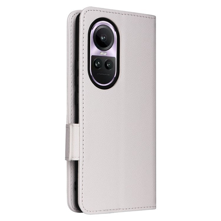 Shockproof Wallet Phone Case for Oppo Reno10 5G CPH2531 (Global) / Reno10 Pro 5G CPH2525 (Global) Litchi Texture PU Leather Flip Stand Cover with Strap - White