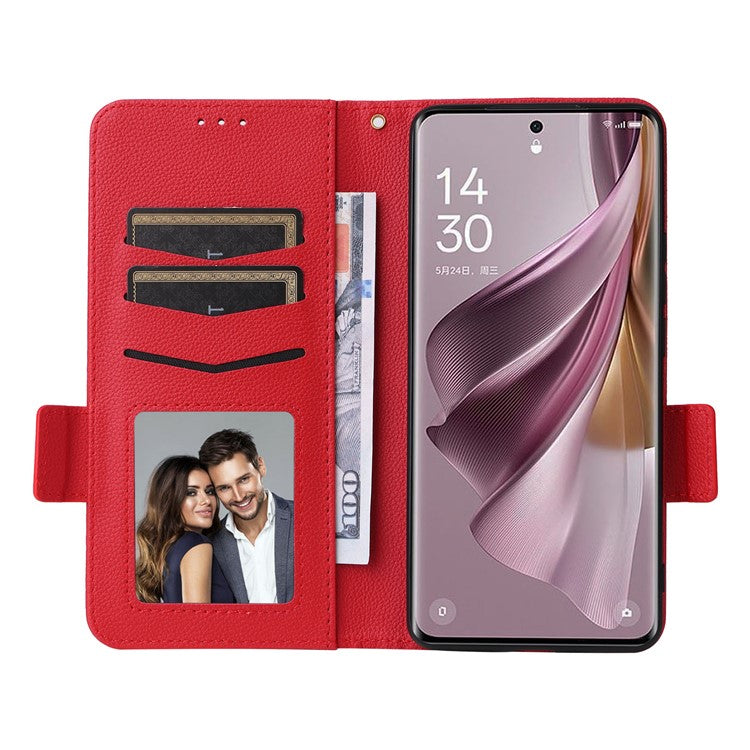 Shockproof Wallet Phone Case for Oppo Reno10 5G CPH2531 (Global) / Reno10 Pro 5G CPH2525 (Global) Litchi Texture PU Leather Flip Stand Cover with Strap - Red