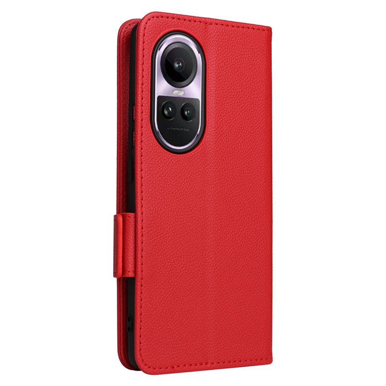 Shockproof Wallet Phone Case for Oppo Reno10 5G CPH2531 (Global) / Reno10 Pro 5G CPH2525 (Global) Litchi Texture PU Leather Flip Stand Cover with Strap - Red