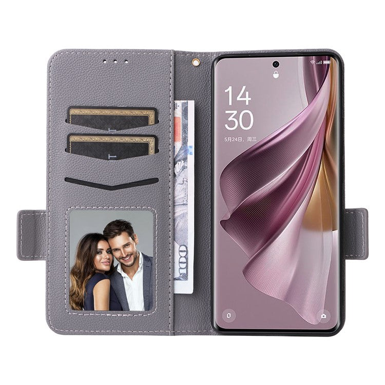 Shockproof Wallet Phone Case for Oppo Reno10 5G CPH2531 (Global) / Reno10 Pro 5G CPH2525 (Global) Litchi Texture PU Leather Flip Stand Cover with Strap - Grey