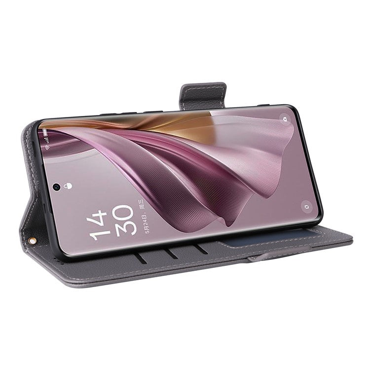 Shockproof Wallet Phone Case for Oppo Reno10 5G CPH2531 (Global) / Reno10 Pro 5G CPH2525 (Global) Litchi Texture PU Leather Flip Stand Cover with Strap - Grey