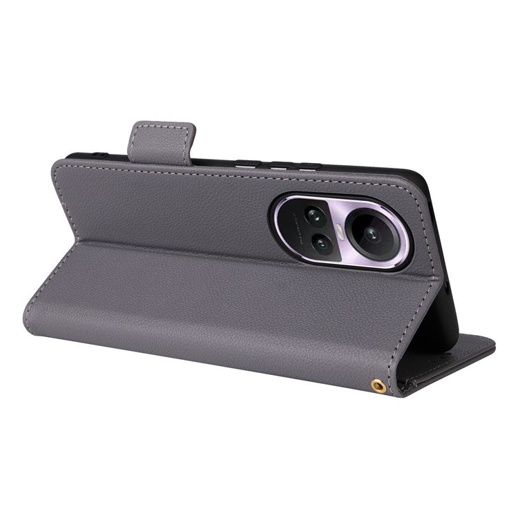 Shockproof Wallet Phone Case for Oppo Reno10 5G CPH2531 (Global) / Reno10 Pro 5G CPH2525 (Global) Litchi Texture PU Leather Flip Stand Cover with Strap - Grey