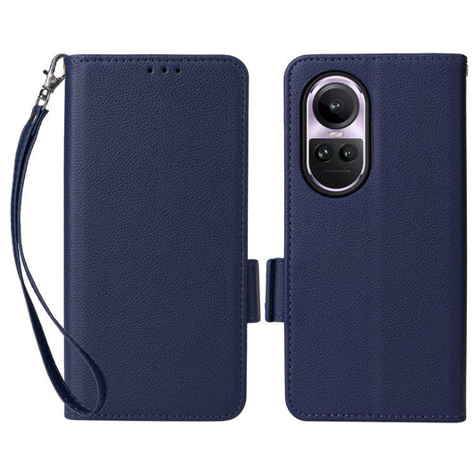Shockproof Wallet Phone Case for Oppo Reno10 5G CPH2531 (Global) / Reno10 Pro 5G CPH2525 (Global) Litchi Texture PU Leather Flip Stand Cover with Strap - Dark Blue