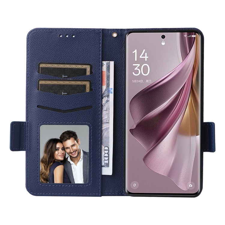 Shockproof Wallet Phone Case for Oppo Reno10 5G CPH2531 (Global) / Reno10 Pro 5G CPH2525 (Global) Litchi Texture PU Leather Flip Stand Cover with Strap - Dark Blue