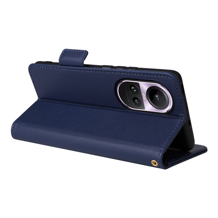 Shockproof Wallet Phone Case for Oppo Reno10 5G CPH2531 (Global) / Reno10 Pro 5G CPH2525 (Global) Litchi Texture PU Leather Flip Stand Cover with Strap - Dark Blue