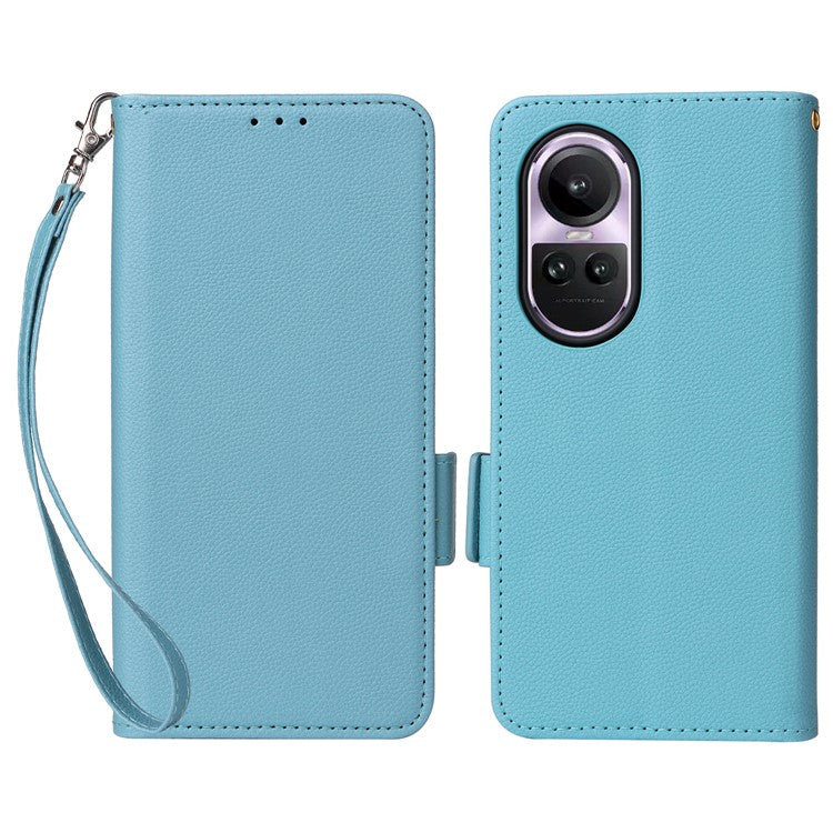 Shockproof Wallet Phone Case for Oppo Reno10 5G CPH2531 (Global) / Reno10 Pro 5G CPH2525 (Global) Litchi Texture PU Leather Flip Stand Cover with Strap - Baby Blue