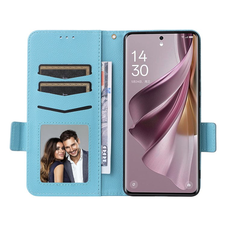 Shockproof Wallet Phone Case for Oppo Reno10 5G CPH2531 (Global) / Reno10 Pro 5G CPH2525 (Global) Litchi Texture PU Leather Flip Stand Cover with Strap - Baby Blue