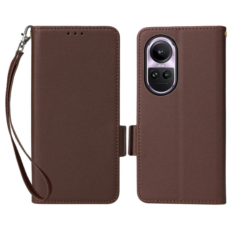 Shockproof Wallet Phone Case for Oppo Reno10 5G CPH2531 (Global) / Reno10 Pro 5G CPH2525 (Global) Litchi Texture PU Leather Flip Stand Cover with Strap - Brown