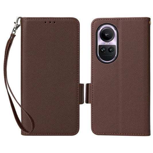 Shockproof Wallet Phone Case for Oppo Reno10 5G CPH2531 (Global) / Reno10 Pro 5G CPH2525 (Global) Litchi Texture PU Leather Flip Stand Cover with Strap - Brown