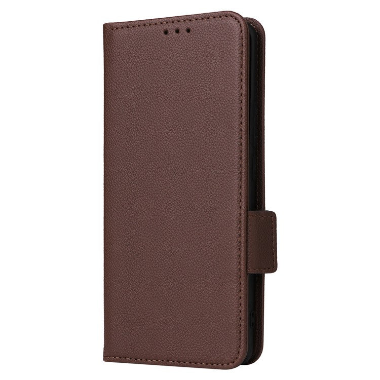 Shockproof Wallet Phone Case for Oppo Reno10 5G CPH2531 (Global) / Reno10 Pro 5G CPH2525 (Global) Litchi Texture PU Leather Flip Stand Cover with Strap - Brown