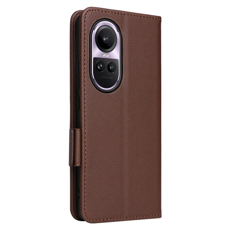 Shockproof Wallet Phone Case for Oppo Reno10 5G CPH2531 (Global) / Reno10 Pro 5G CPH2525 (Global) Litchi Texture PU Leather Flip Stand Cover with Strap - Brown