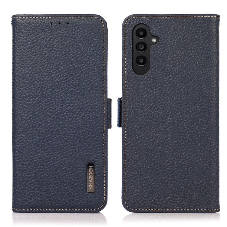 KHAZNEH For Samsung Galaxy S23 FE Genuine Cow Leather Phone Case Wallet RFID Blocking Stand Cover - Blue