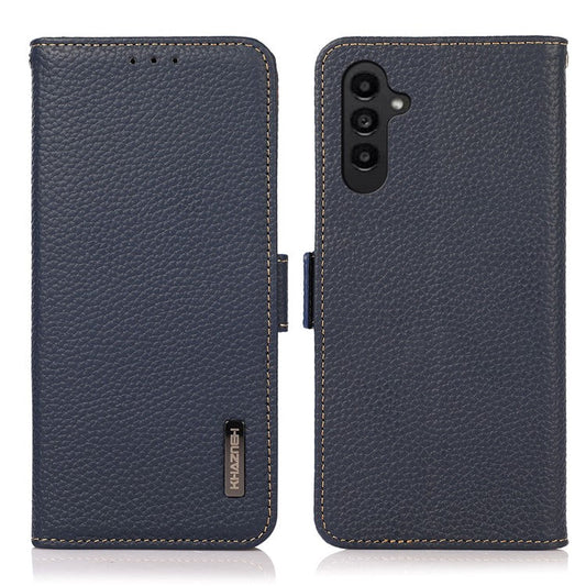 KHAZNEH For Samsung Galaxy S23 FE Genuine Cow Leather Phone Case Wallet RFID Blocking Stand Cover - Blue
