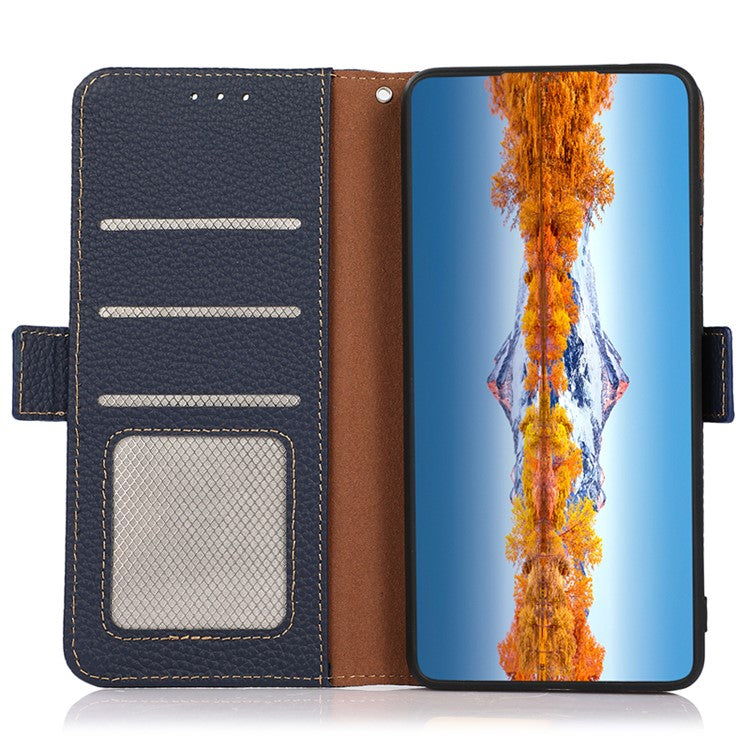 KHAZNEH For Samsung Galaxy S23 FE Genuine Cow Leather Phone Case Wallet RFID Blocking Stand Cover - Blue
