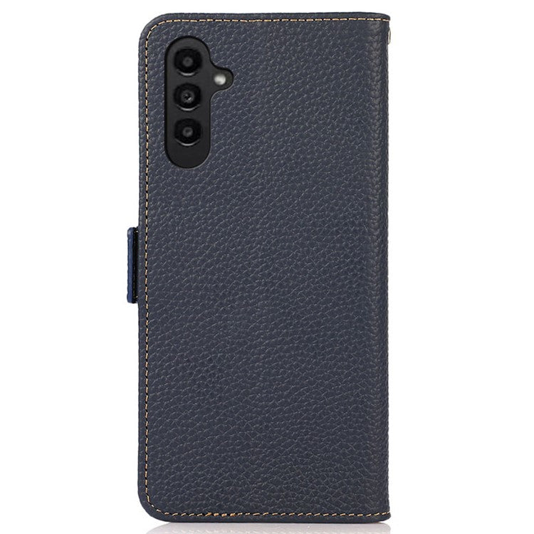 KHAZNEH For Samsung Galaxy S23 FE Genuine Cow Leather Phone Case Wallet RFID Blocking Stand Cover - Blue
